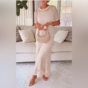 Riviera Beige Set with Slip Dress + Crochet Lace Overlay. Size Large.